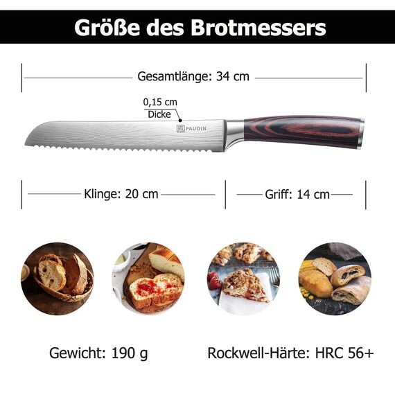 PAUDIN Brotmesser mit Wellenschliff Profi 20 cm aus hochwertigem rostfreiem Edelstahl, extra scharfe Messerklinge mit ergonomischem Griff