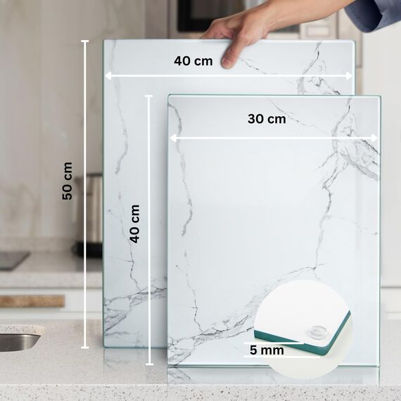Kitchenville Glasschneidebrett 50×40 cm – Hygienisches Schneidebrett aus gehärtetem Glas – Hitzebeständig, Kratzfest & Rutschfest – Glasplatte für die Küche – Weiße Marmoroptik
