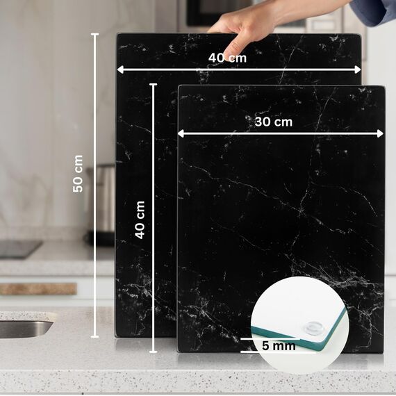Kitchenville Glasschneidebrett 50×40 cm – Hygienisches Schneidebrett aus gehärtetem Glas – Hitzebeständig, Kratzfest & Rutschfest – Glasplatte für die Küche – Schwarze Marmoroptik