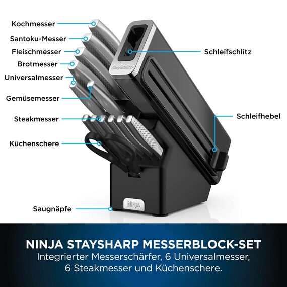 Ninja StaySharp 14-teiliges Edelstahl-Messerset mit Holzblock und integriertem Schärfer, Schwarz K62014EUUK, Holzkohle