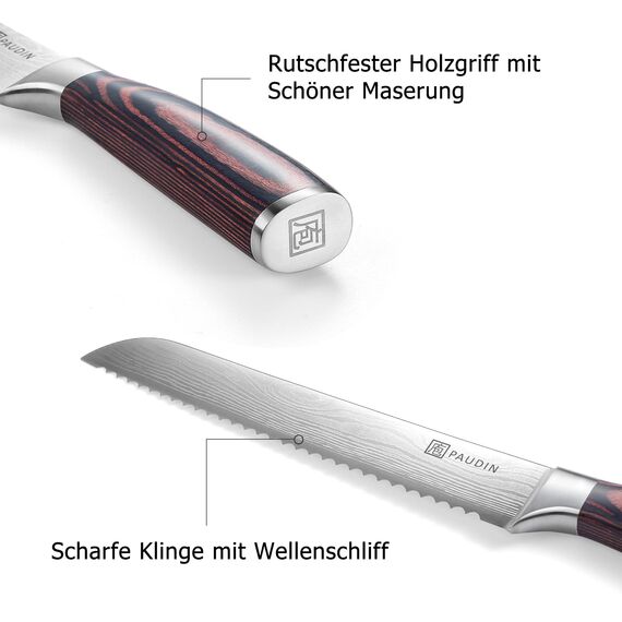 PAUDIN Brotmesser mit Wellenschliff Profi 20 cm aus hochwertigem rostfreiem Edelstahl, extra scharfe Messerklinge mit ergonomischem Griff