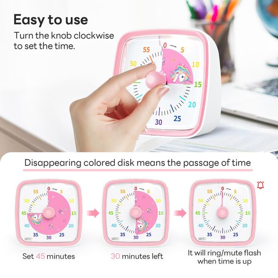 Yunbaoit Visueller Timer für Kinder & Erwachsene, 60 Minuten Einhorn Countdown Timer mit Stummer Flash Funktion, Zeitmanagement Tool für Klassenzimmer, Haus, Küche, Büro (Rose)