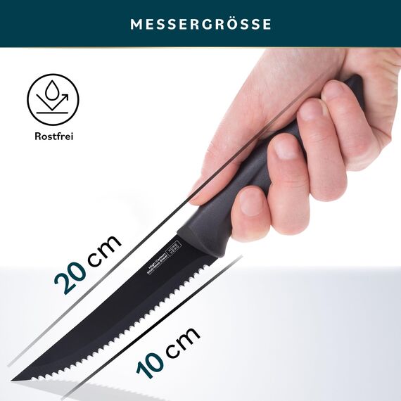 Home Hero Steakmesser Set mit 12 Stück – Klingen aus kohlenstoffreichem Edelstahl – rasiermesserscharfe gezackte Messer – schwarze ergonomische Griffe – 12 Stück, schwarz