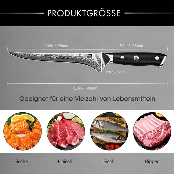 SHAN ZU Damast Filetiermesser 18 cm Küchenmesser, Ausbeinmesser aus 67 Lagen Japanischem Damaststahl, Professionelles Fischfiliermesser, Scharfes Fischmesser mit Ergonomischem G10-Griff - PRO Series