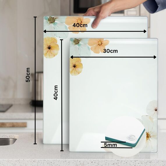 Kitchenville Glasschneidebrett 50×40 cm – Hygienisches Schneidebrett aus gehärtetem Glas – Hitzebeständig, Kratzfest & Rutschfest – Glasplatte für die Küche – Blumenmuster
