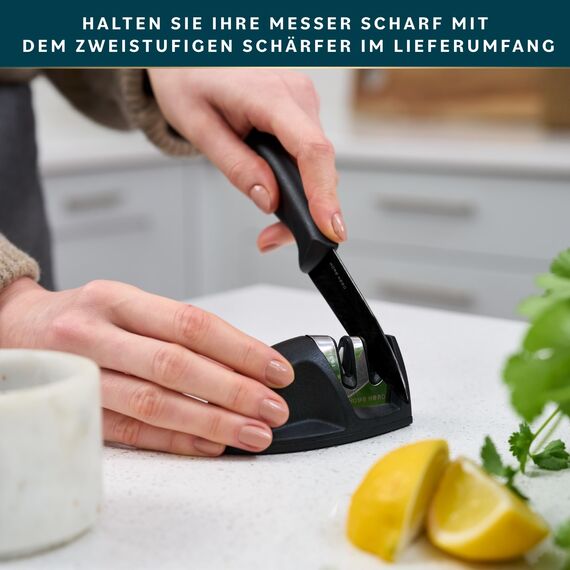 Home Hero Messerset mit Messerschärfer - Scharfe Küchenmesser Set - Messerblock Kochmesser Set Edelstahl Messer Set (5 Messer, 5 Scheiden, Messerschärfer - Schwarz)
