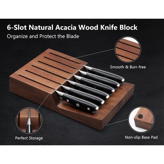 SHAN ZU Steakmesser-Set 7-teilig, 11 cm Damast-Steakmesser mit Block, japanisches Küchenmesser-Set mit Wellenschliff aus Hartstahl mit ergonomischem G10-Griff und Geschenkbox – PRO Series