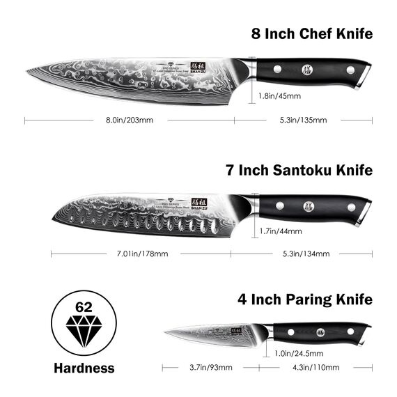 SHAN ZU Damastmesser-Set, 3-teilig japanisches Superstahl-Damast-Küchenmesser-Set, hochkohlenstoffreiches professionelles ultrascharfes Kochmesser-Set mit G10-Griff Geschenkbox