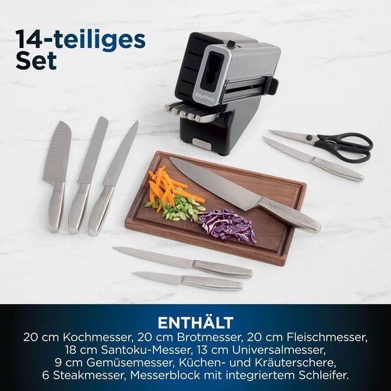 Ninja StaySharp 14-teiliges Edelstahl-Messerset mit Holzblock und integriertem Schärfer, Schwarz K62014EUUK, Holzkohle