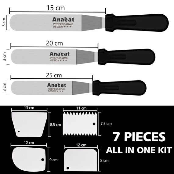 Anaeat Zuckergussspatel, 3 Stück, professionelle, abgewinkelte, versetzte Zuckergussspatel mit 6 Zoll, 8 Zoll, 10 Zoll Edelstahlklingen und 4 Stück Kuchenglätter-Schaber für Kuchendekoration (7er-Set)