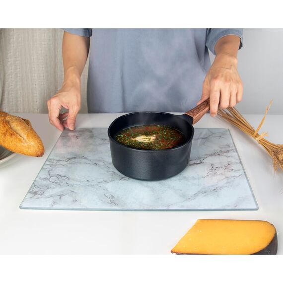 Kitchenville Glasschneidebrett 40×30 cm – Hygienisches Schneidebrett aus gehärtetem Glas – Hitzebeständig, Kratzfest & Rutschfest – Glasplatte für die Küche – Graue Marmoroptik