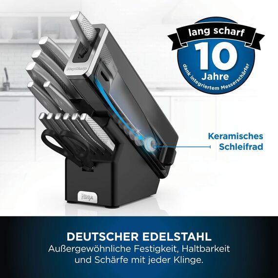 Ninja StaySharp 14-teiliges Edelstahl-Messerset mit Holzblock und integriertem Schärfer, Schwarz K62014EUUK, Holzkohle