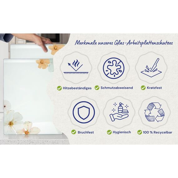 Kitchenville Glasschneidebrett 50×40 cm – Hygienisches Schneidebrett aus gehärtetem Glas – Hitzebeständig, Kratzfest & Rutschfest – Glasplatte für die Küche – Blumenmuster