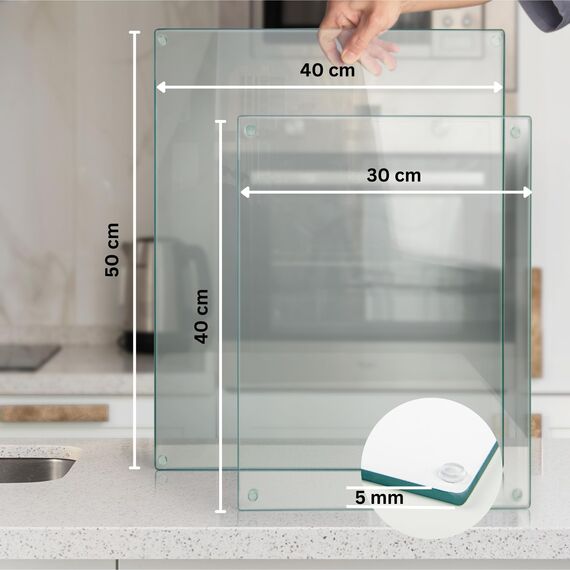 Kitchenville Glasschneidebrett 50×40 cm – Hygienisches Schneidebrett aus gehärtetem Glas – Hitzebeständig, Kratzfest & Rutschfest – Glasplatte für die Küche – Transparentes Design