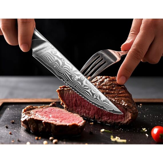 SHAN ZU Steakmesser-Set 7-teilig, 11 cm Damast-Steakmesser mit Block, japanisches Küchenmesser-Set mit Wellenschliff aus Hartstahl mit ergonomischem G10-Griff und Geschenkbox – PRO Series