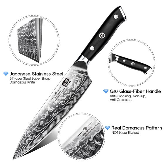 SHAN ZU Damastmesser Kochmesser 67 Schichten Damaststahl Küchenmesser mit G10 Griff 20CM - PRO Series