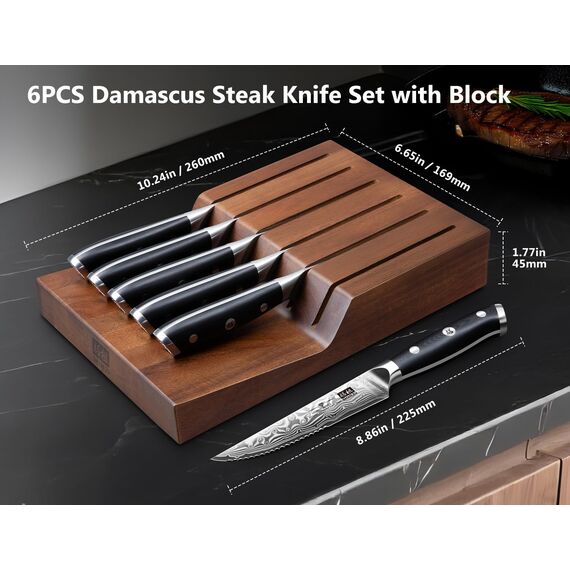 SHAN ZU Steakmesser-Set 7-teilig, 11 cm Damast-Steakmesser mit Block, japanisches Küchenmesser-Set mit Wellenschliff aus Hartstahl mit ergonomischem G10-Griff und Geschenkbox – PRO Series