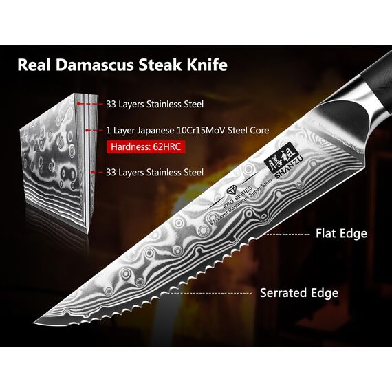 SHAN ZU Steakmesser-Set 7-teilig, 11 cm Damast-Steakmesser mit Block, japanisches Küchenmesser-Set mit Wellenschliff aus Hartstahl mit ergonomischem G10-Griff und Geschenkbox – PRO Series