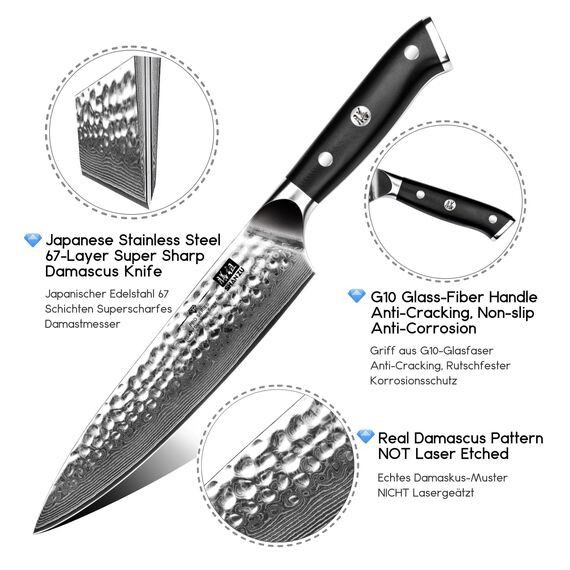 SHAN ZU Damastmesser Kochmesser 67 Schichten Damaststahl Küchenmesser mit G10 Griff 20CM - PRO Series