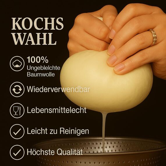 Grade 100+ PACKARDI Passiertuch 3 Stück ca. 50x50 cm je Käsetuch, Cheesecloth Filtertuch Seihtuch 100% ungebleicht, aus reiner Baumwolle, fusselfreie Mulltücher mit vernähten Ecken