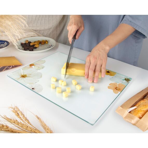 Kitchenville Glasschneidebrett 40×30 cm – Hygienisches Schneidebrett aus gehärtetem Glas – Hitzebeständig, Kratzfest & Rutschfest – Glasplatte für die Küche – Blumenmuster