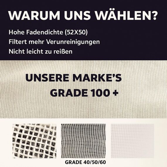 Grade 100+ PACKARDI Passiertuch 3 Stück ca. 50x50 cm je Käsetuch, Cheesecloth Filtertuch Seihtuch 100% ungebleicht, aus reiner Baumwolle, fusselfreie Mulltücher mit vernähten Ecken