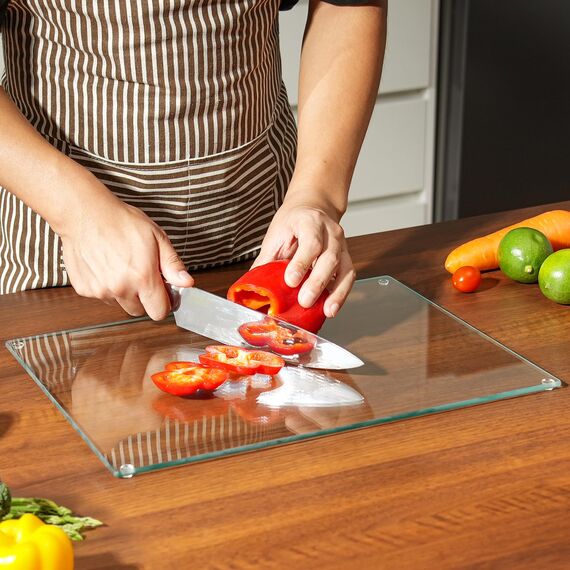 Kitchenville Glasschneidebrett 40×30 cm – Hygienisches Schneidebrett aus gehärtetem Glas – Hitzebeständig, Kratzfest & Rutschfest – Glasplatte für die Küche – Transparentes Design