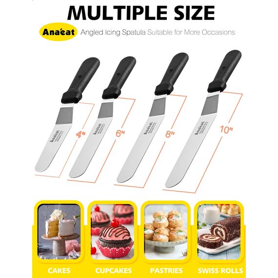 Anaeat Zuckergussspatel, 4er-Set professioneller, abgewinkelter Tortenspatel mit Edelstahlklingen in 4 Größen - verdicktes Glasurmesser mit Kunststoffgriff zum Dekorieren von Torten, Gebäck und Backen