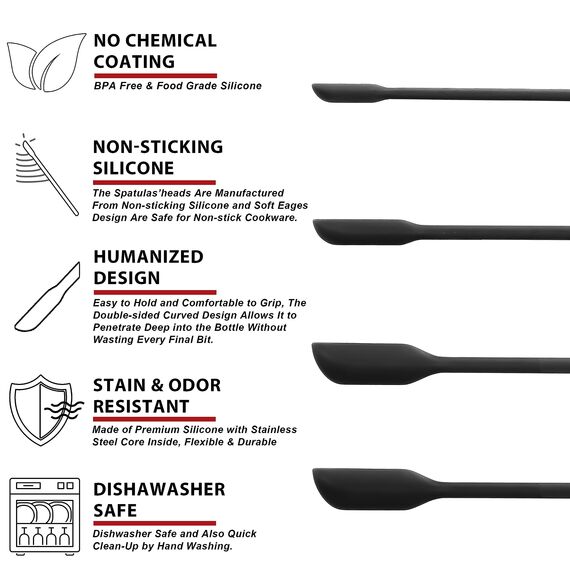 Anaeat Mini-Silikonspatel – Set mit 4 multifunktionalen kleinen Küchenschabern und winzigen Make-up-Schönheitsspateln, wiederverwendbar für Marmeladengläser, schmale Dosen und dünne Flaschen (Schwarz)
