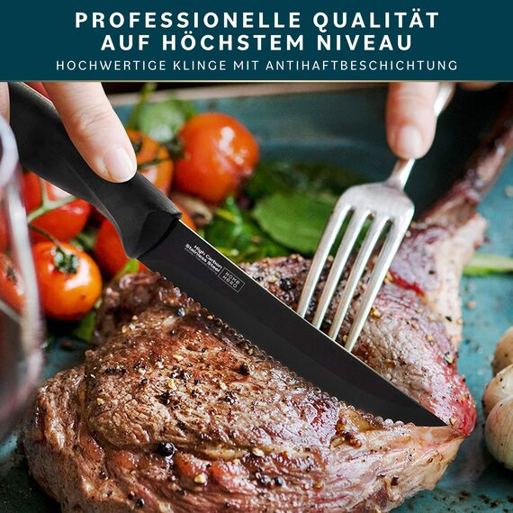Home Hero Steakmesser Set mit 12 Stück – Klingen aus kohlenstoffreichem Edelstahl – rasiermesserscharfe gezackte Messer – schwarze ergonomische Griffe – 12 Stück, schwarz