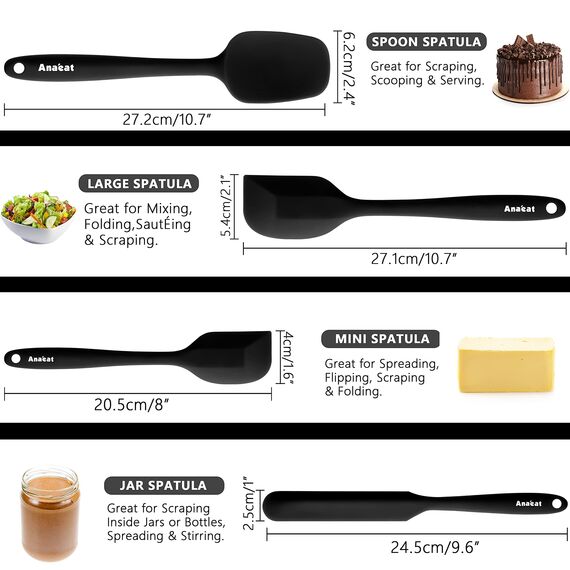 Anaeat 4-teiliges Silikon-Spatel-Set - nahtloses Design - Antihaft-Gummispatel Küchenschaber zum Backen, Kochen, Abkratzen und Mischen, hitzebeständig, BPA-frei, spülmaschinenfest (Schwarz)
