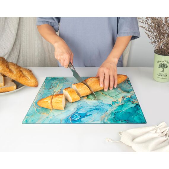 Kitchenville Glasschneidebrett 40×30 cm – Hygienisches Schneidebrett aus gehärtetem Glas – Hitzebeständig, Kratzfest & Rutschfest – Glasplatte für die Küche – Türkis Ocean