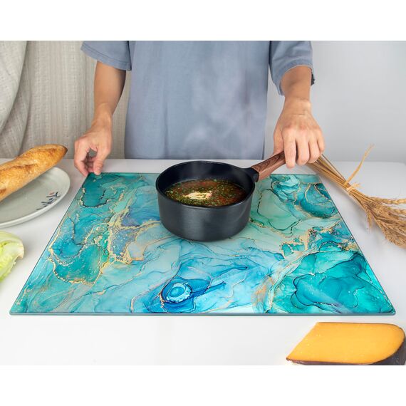 Kitchenville Glasschneidebrett 50×40 cm – Hygienisches Schneidebrett aus gehärtetem Glas – Hitzebeständig, Kratzfest & Rutschfest – Glasplatte für die Küche – Türkis Ocean