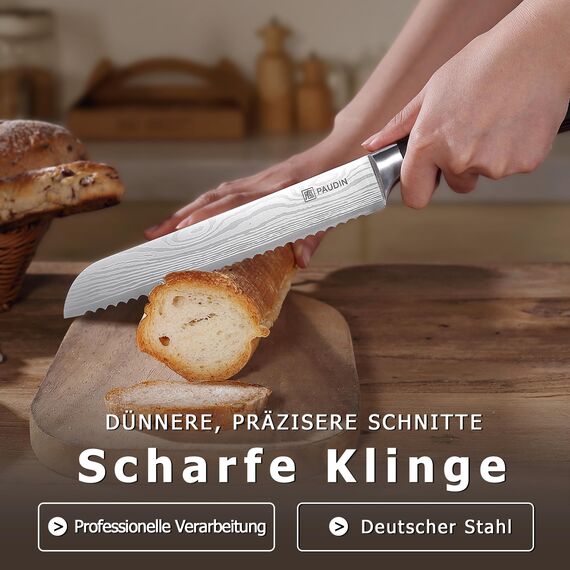 PAUDIN Brotmesser mit Wellenschliff Profi 20 cm aus hochwertigem rostfreiem Edelstahl, extra scharfe Messerklinge mit ergonomischem Griff