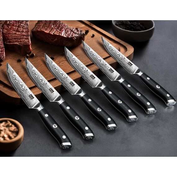 SHAN ZU Steakmesser-Set 7-teilig, 11 cm Damast-Steakmesser mit Block, japanisches Küchenmesser-Set mit Wellenschliff aus Hartstahl mit ergonomischem G10-Griff und Geschenkbox – PRO Series