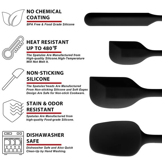 Anaeat 4-teiliges Silikon-Spatel-Set - nahtloses Design - Antihaft-Gummispatel Küchenschaber zum Backen, Kochen, Abkratzen und Mischen, hitzebeständig, BPA-frei, spülmaschinenfest (Schwarz)