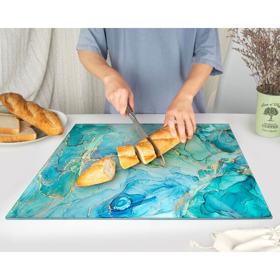 Kitchenville Glasschneidebrett 50×40 cm – Hygienisches Schneidebrett aus gehärtetem Glas – Hitzebeständig, Kratzfest & Rutschfest – Glasplatte für die Küche – Türkis Ocean