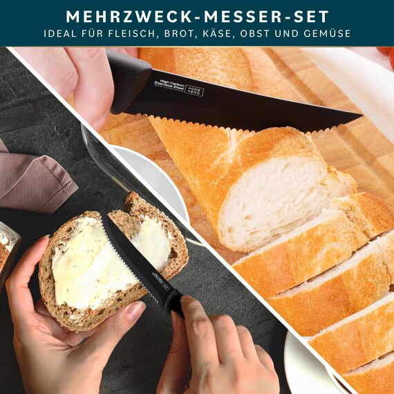 Home Hero Steakmesser Set mit 12 Stück – Klingen aus kohlenstoffreichem Edelstahl – rasiermesserscharfe gezackte Messer – schwarze ergonomische Griffe – 12 Stück, schwarz