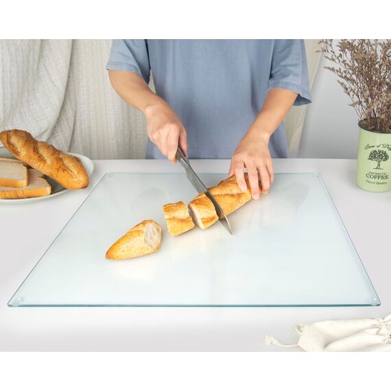Kitchenville Glasschneidebrett 50×40 cm – Hygienisches Schneidebrett aus gehärtetem Glas – Hitzebeständig, Kratzfest & Rutschfest – Glasplatte für die Küche – Transparentes Design