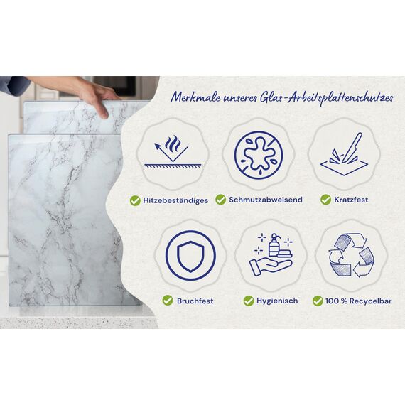 Kitchenville Glasschneidebrett 40×30 cm – Hygienisches Schneidebrett aus gehärtetem Glas – Hitzebeständig, Kratzfest & Rutschfest – Glasplatte für die Küche – Graue Marmoroptik