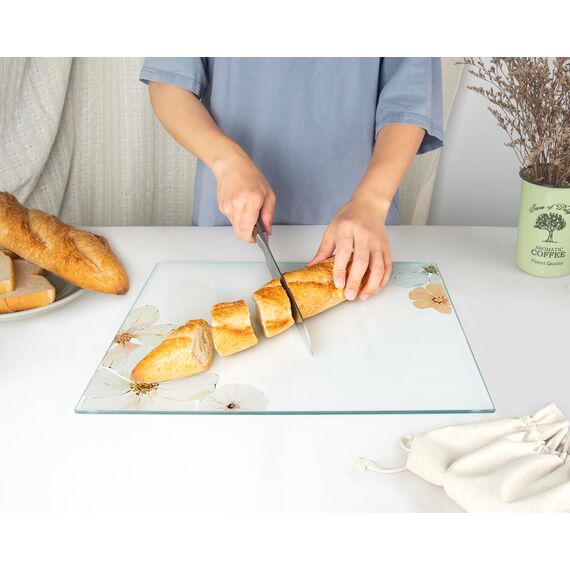 Kitchenville Glasschneidebrett 40×30 cm – Hygienisches Schneidebrett aus gehärtetem Glas – Hitzebeständig, Kratzfest & Rutschfest – Glasplatte für die Küche – Blumenmuster