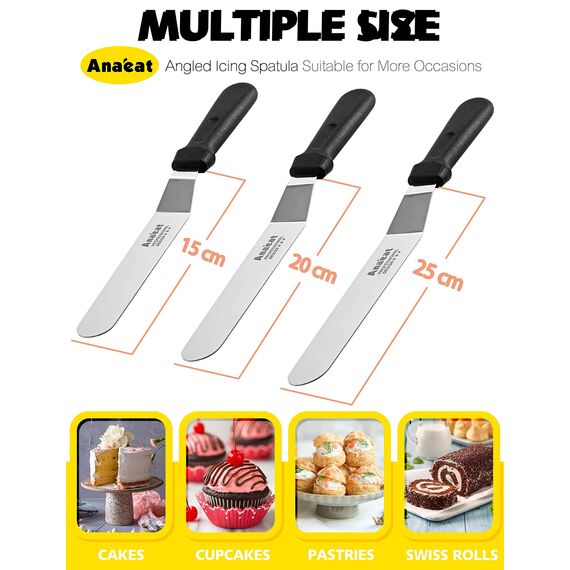 Anaeat Glasurspatel, Set mit 3 professionellen, abgewinkelten, versetzten Kuchenspateln mit 15 cm, 20 cm, 25 cm Edelstahlklingen – verdicktes Backen, Glasurmesser zum Dekorieren von Kuchen und Gebäck