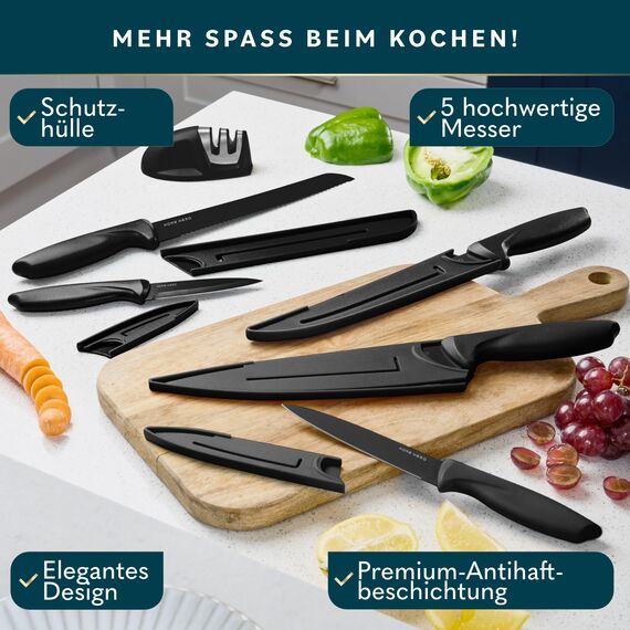 Home Hero Messerset mit Messerschärfer - Scharfe Küchenmesser Set - Messerblock Kochmesser Set Edelstahl Messer Set (5 Messer, 5 Scheiden, Messerschärfer - Schwarz)