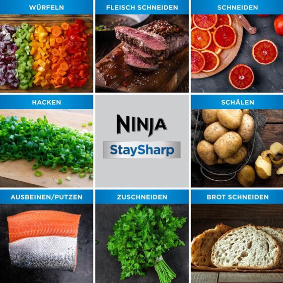 Ninja StaySharp 14-teiliges Edelstahl-Messerset mit Holzblock und integriertem Schärfer, Schwarz K62014EUUK, Holzkohle