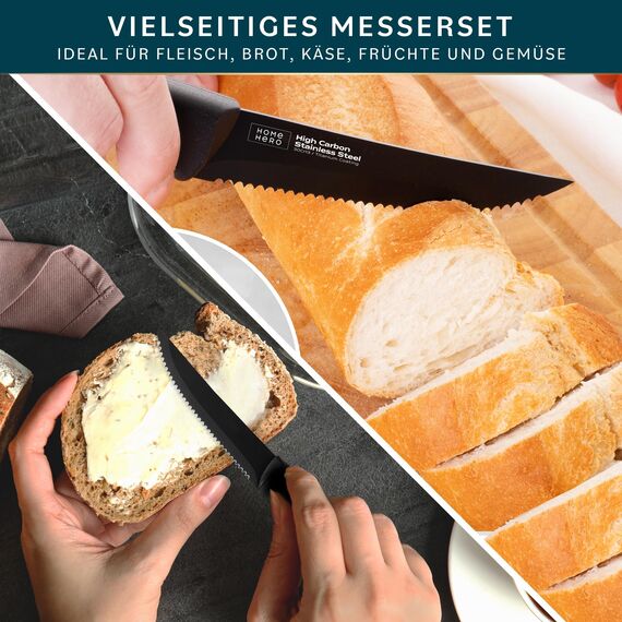 Home Hero Messerset Scharfe Küchenmesser Set - Kochmesser Set Edelstahl Messer Set (8 Stück Steakmesser - Schwarz)