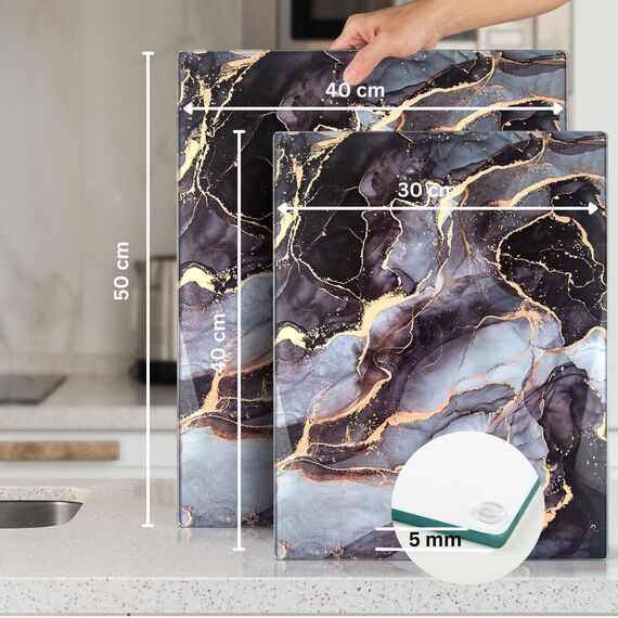 Kitchenville Glasschneidebrett 40×30 cm – Hygienisches Schneidebrett aus gehärtetem Glas – Hitzebeständig, Kratzfest & Rutschfest – Glasplatte für die Küche – Grau & Gold