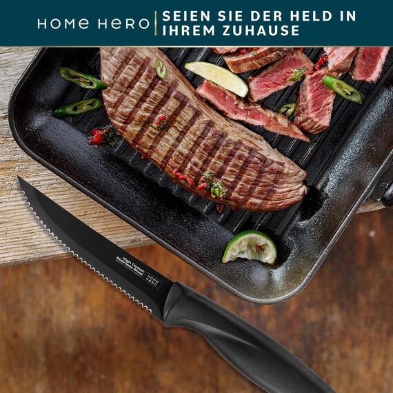 Home Hero Messerset Scharfe Küchenmesser Set - Kochmesser Set Edelstahl Messer Set (8 Stück Steakmesser - Schwarz)