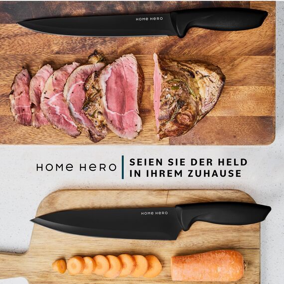 Home Hero Messerset mit Messerschärfer - Scharfe Küchenmesser Set - Messerblock Kochmesser Set Edelstahl Messer Set (5 Messer, 5 Scheiden, Messerschärfer - Schwarz)