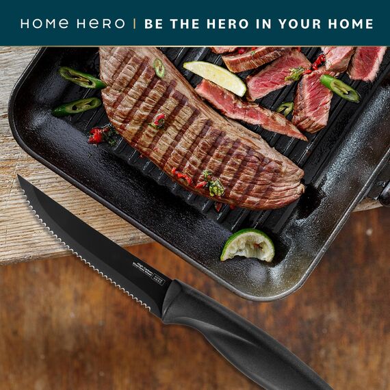 Home Hero Steakmesser Set mit 12 Stück – Klingen aus kohlenstoffreichem Edelstahl – rasiermesserscharfe gezackte Messer – schwarze ergonomische Griffe – 12 Stück, schwarz