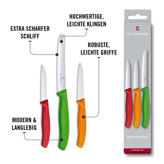Victorinox Swiss Classic, Küchenmesser Set, 3teilig, Gemüse-, Tomaten- und Frühstücksmesser, Robuster Kunststoffgriff, Rostfreier Stahl, Farbig